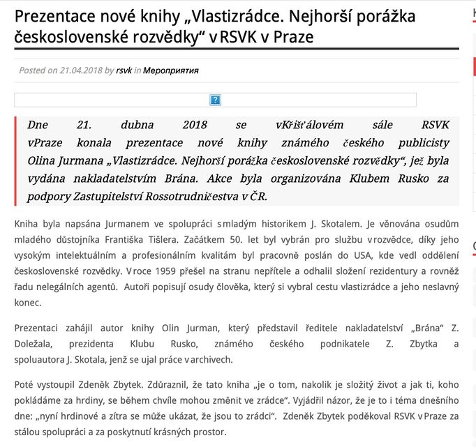 Takto referoval o křestu knihy vydané Dolažalem web ruského kulturního střediska.