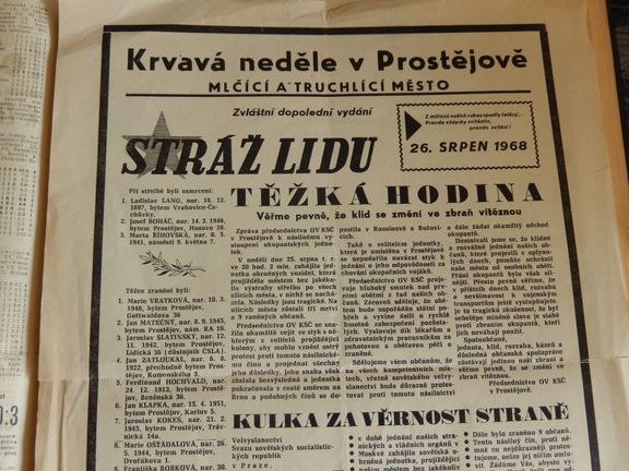 Mimořádné vydání prostějovských novin v srpnu 1968.