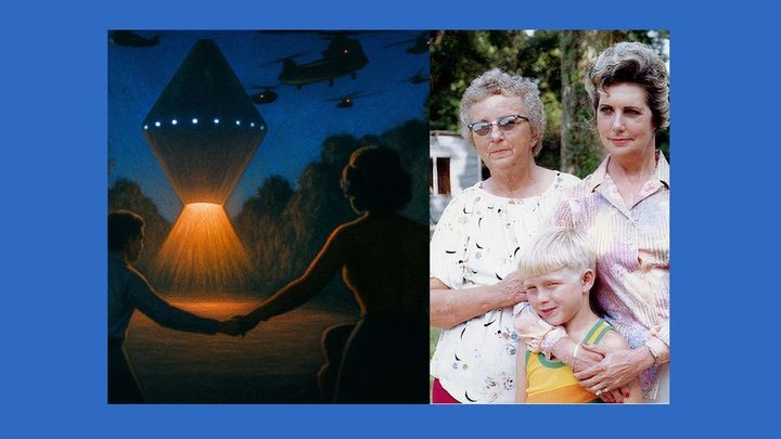 Texaská záhada z roku 1980. Setkání s UFO, které svědkům přineslo utrpení; Zdroj foto: Aktuálně.cz / Zdrojová fotografie vpravo - fotoreprodukce z knihy SCHUESSLER, John F., 1998. The Cash-Landrum UFO Incident. La Porte, Texas: Geo Graphics Printing Co. ISBN 1519696558 /  Snímek vlevo je ilustrační kresba zhotovená pomocí AI