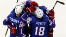 Stephane Da Costa of France (L) celebrates with team mates his goal against Canada during the first period of their men's ice hockey World Championship Group A game at Ch