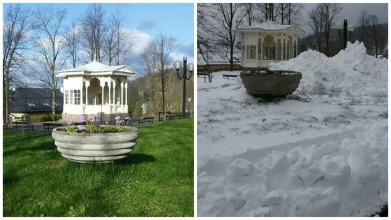 Foto: Jeseník je stále pod sněhem, místo návratu jara se ve městě objevují sněhuláci