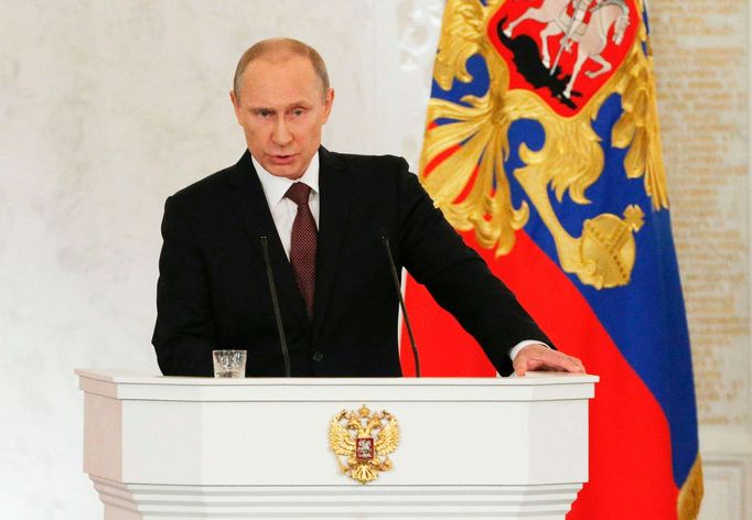 Ruský prezident Vladimir Putin během projevu v Kremlu.