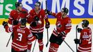 Canada's Morgan Rielly (top, L) celebrates his goal against the Czech Republic with team mates during the second period of their men's ice hockey World Championship group