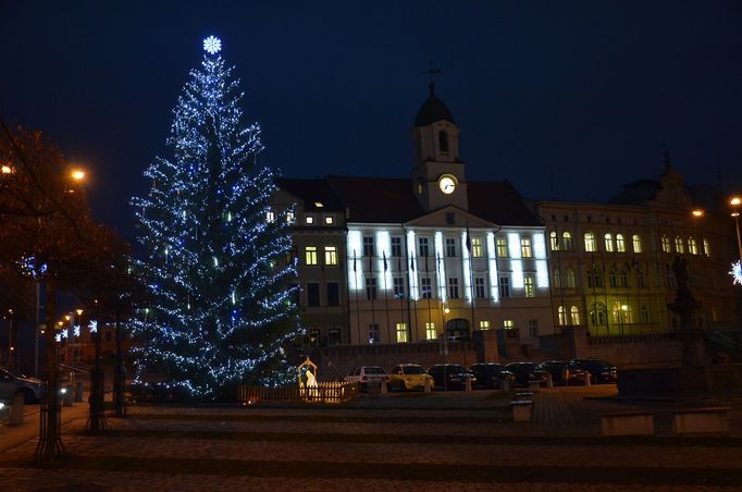 Teplický vánoční strom, v pozadí nasvětlená radnice.