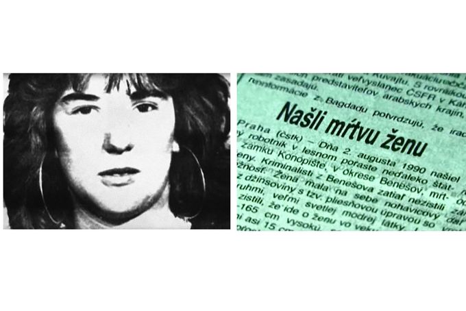 Vlevo: Monika Ondíková, nejmladší oběť Jozefa Slováka. Vpravo: dobový novinový článek o nálezu těla v Konopišti, 2. srpna 1990, tehdy ještě bez totožnosti.