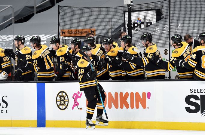 Mar 11, 2021; Boston, Massachusetts, USA; Boston Bruins center David Krejci (46) is congratulated after scoring a power play goal during the second period against the New