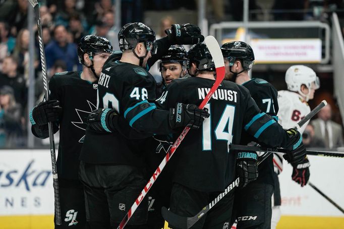 Tomáš Hertl (číslo 48) slaví se spoluhráči ze San Jose gól v utkání s Chicagem