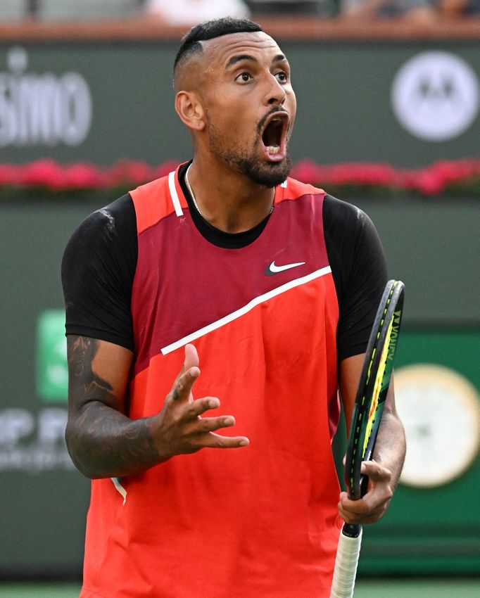 Nick Kyrgios v zápase s Rafaelem Nadalem v Indian Wells 2022