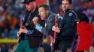 Chris Martin, lead singer of Coldplay, performs with the band during the half-time show at the NFL's Super Bowl 50 between the Carolina Panthers and the Denver Broncos in