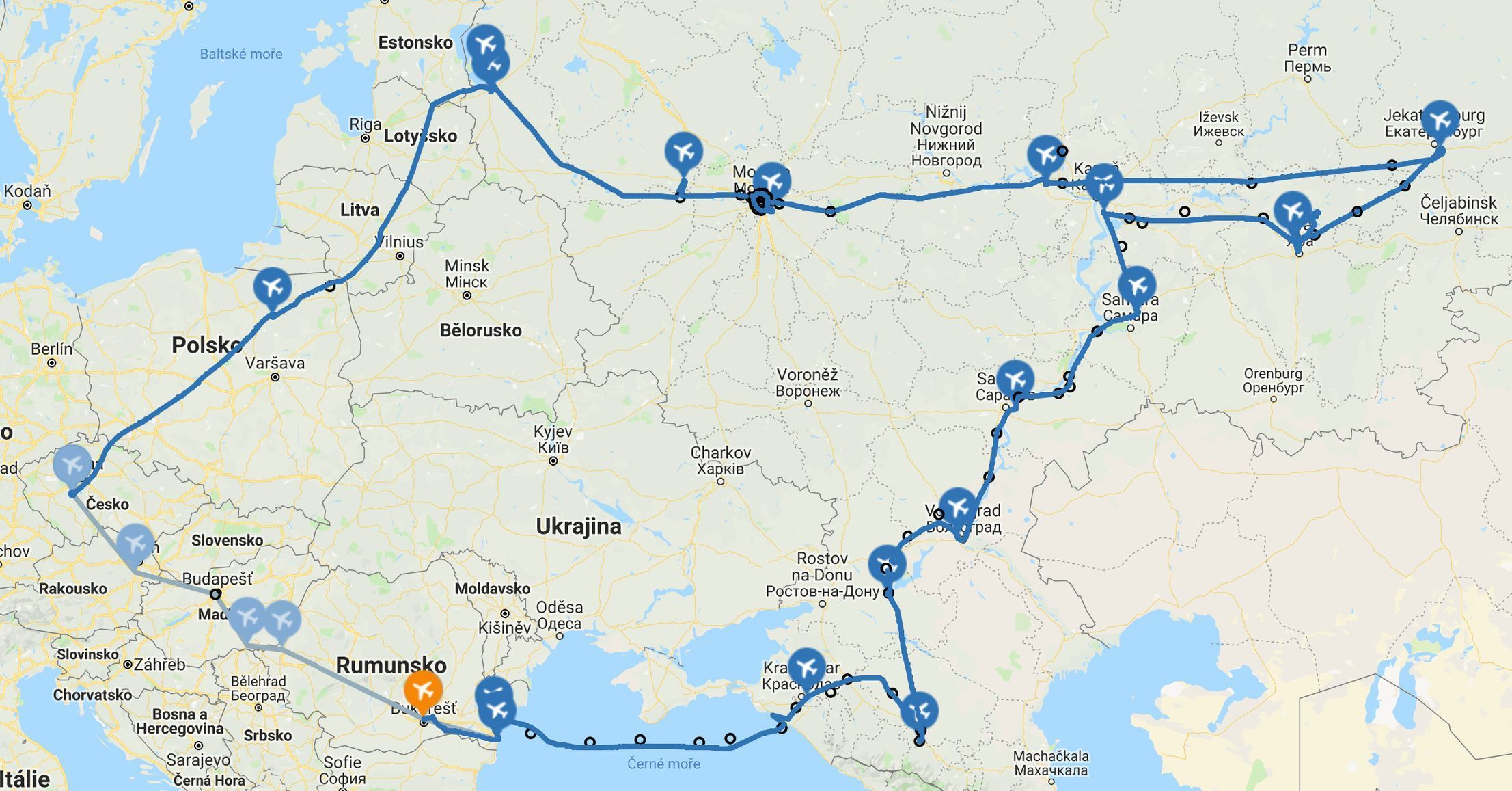 Rusko, expedice Flying Revue, mapa
