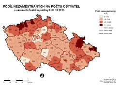 Podíl nezaměstnanosti podle regionů v říjnu 2013