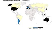 Tato srovnávací mapa ukazuje vztah mezi kalendářem formule 1 a MS silničních motocyklů v této sezoně. Černě označené země pořádají oba seriály, do modrých míří letos pouze motocyklisté a do žlutých zase jen piloti F1.