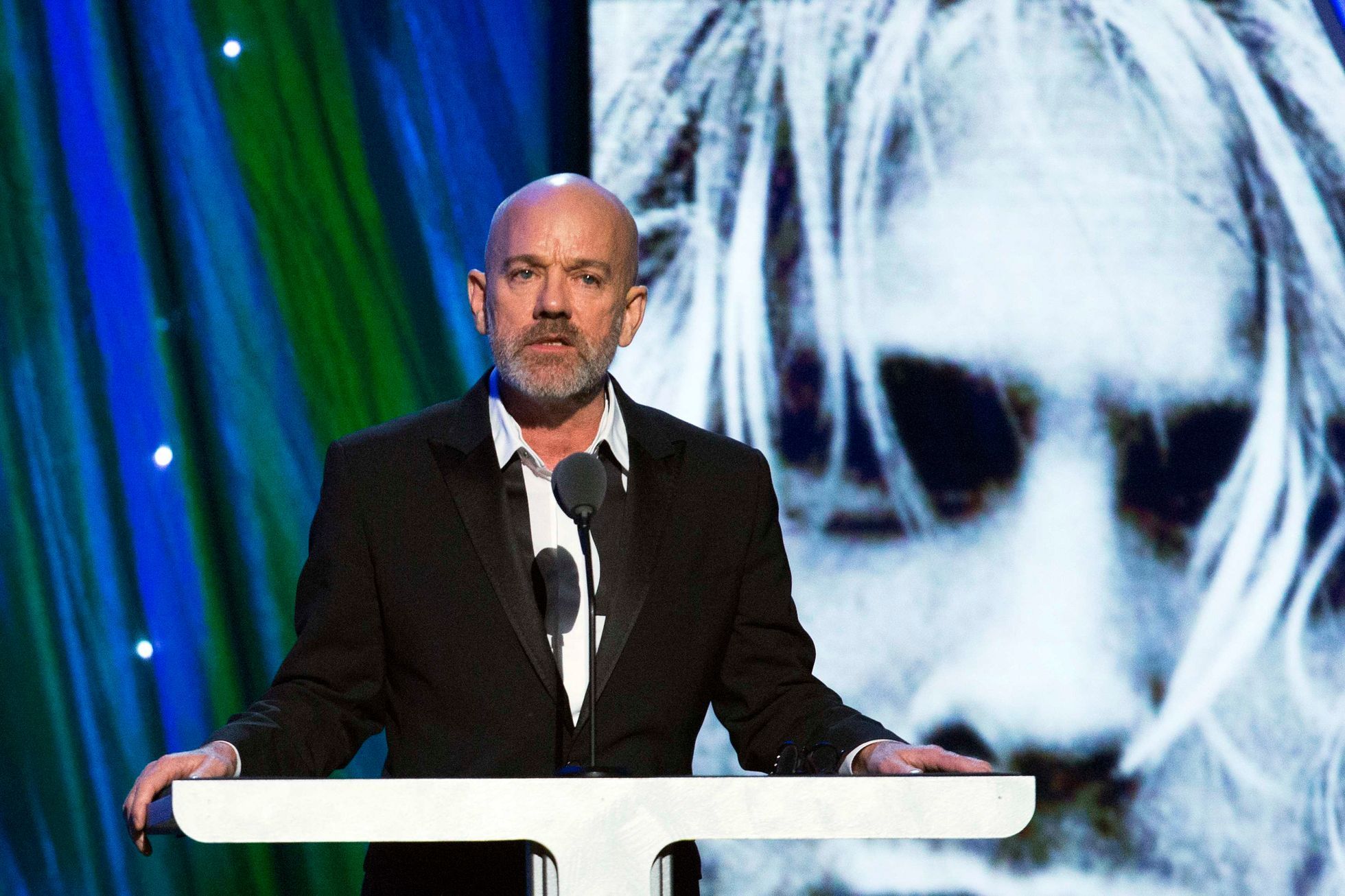 Singer Stipe introduces band Nirvana to induct band during 29th annual Rock and Roll Hall of Fame Induction Ceremony in Brooklyn, New York