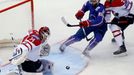 Goalkeeper James Reimer (L) and Matt Read (R) of Canada save in front of Pierre-Edouard Bellemare of France (C) during the first period of their men's ice hockey World Ch