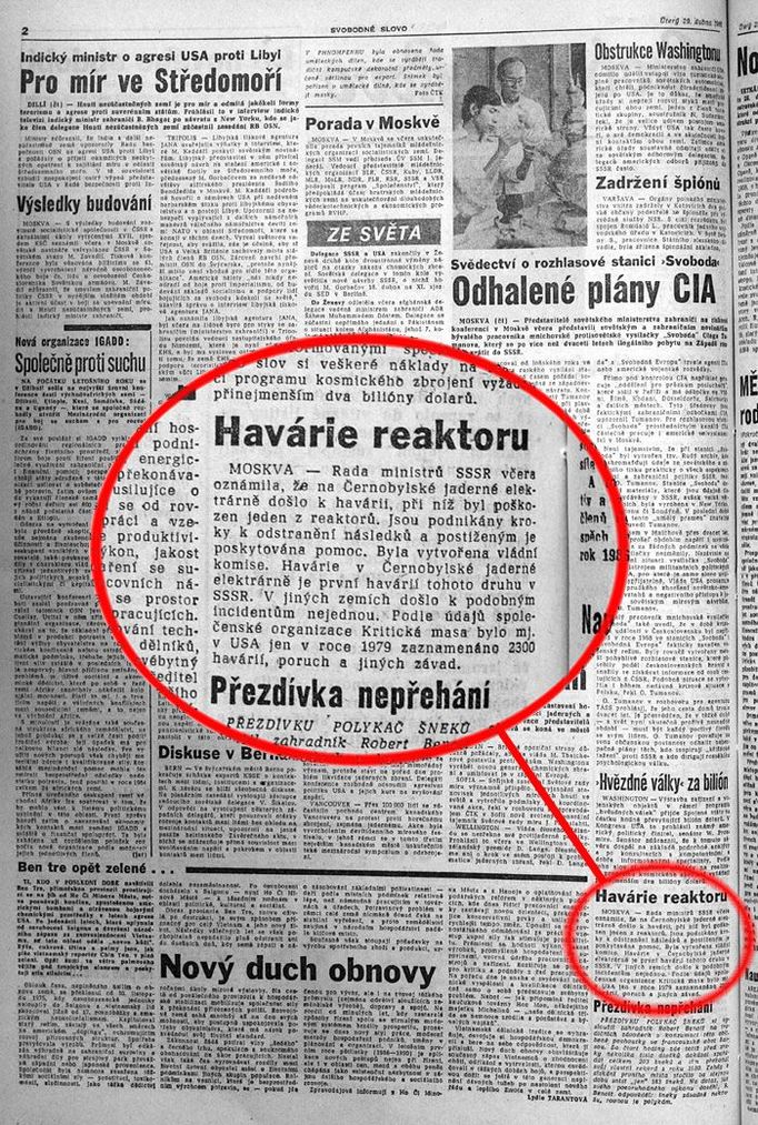 Jedna z prvních zpráv o havárii. Svobodné slovo, 29. dubna 1986, strana 2