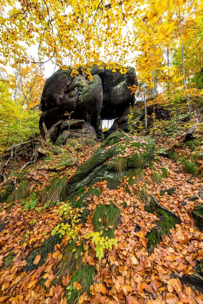 Kamenný útvar pod vrcholem kopce Špičák nad obcí Oldřichov v Hájích.