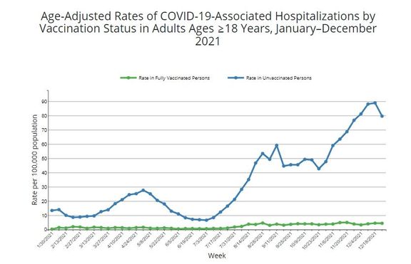 Přestože neočkovaných lidí (modrá křivka) je ve Spojených státech méně než očkovaných (zelená křivka), tvoří drtivou většinu hospitalizovaných.