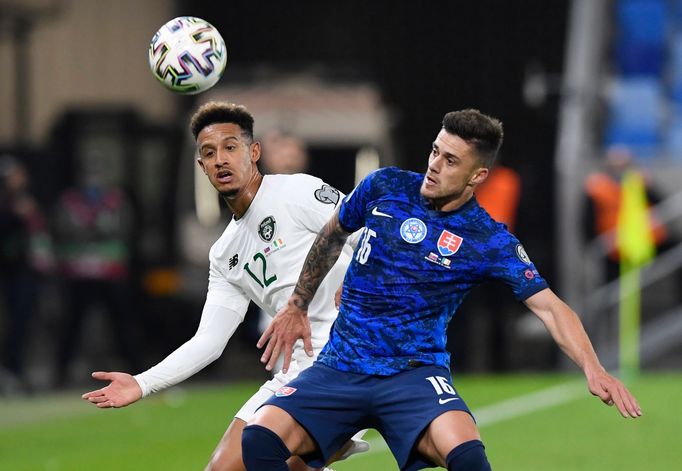 Robert Mazáň in action with Republic of Ireland’s Callum Robinson