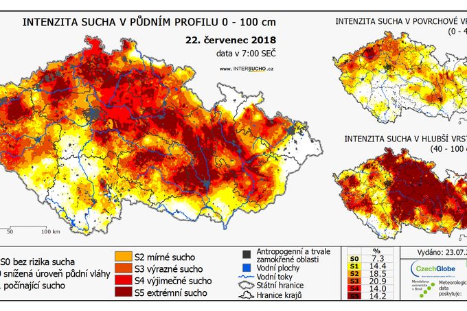 Mapa portálu Intersucho ukazuje na nejsušší oblasti České republiky. Zasahuje zejména střední a východní Čechy a jižní Moravu.