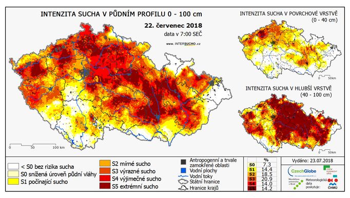 Mapa portálu Intersucho ukazuje na nejsušší oblasti České republiky. Zasahuje zejména střední a východní Čechy a jižní Moravu.