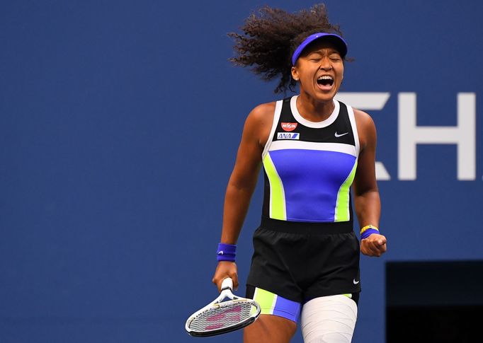 Sep 12, 2020; Flushing Meadows, New York, USA; Naomi Osaka of Japan reacts during the third set against Victoria Azarenka of Belarus in the women's singles final match on