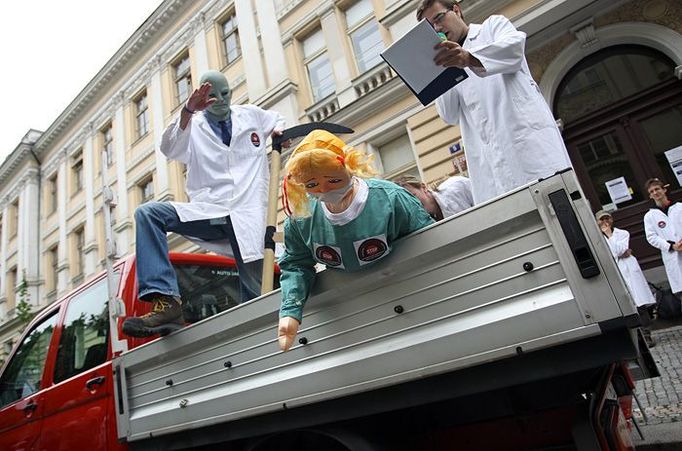 Následovala hraná scénka na improvizovaném pódiu (nákladní auto): "Povím vám příběh co zamrazí, co k zamyšlení nutí a nenechá vás jistě bez pohnutí... Podívejme, kdo se blíží zprava?!... Julínek! A nad hlavou si mává kosou... V pravdě transformační. Něco nám asi chce... No, tak už začni! A už se sliby sypou jako na běžícím pásu: ..přináším lásku, mír a nemocnicím spásu.. A ta kosa. Z Vendulky nám docela univerzitní nemocnici rázem udělá. Vendulka ošívá se. Z hlouby duše tuší, že titul univerzitní, jí jaksi nepřísluší. Že Julínek jí svou kosou škodil a chtěl aby z ní zbyl jen minoritní podíl..."