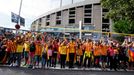 Catalan separatists form a human chain to mark the "Diada de Catalunya" (Catalunya's National Day) in front of the Nou Camp stadium in Barcelona September 11, 2013. Hundreds of thousands of Catalans held hands in a 400-km (250-mile) human chain across their region on Wednesday to press the Spanish government to let them vote on breaking away and forming their own country. A deep recession and cuts in public spending in Catalonia, a wealthy industrial region in northeastern Spain that accounts for a fifth of the country's economic output, have stirred discontent with the central government in Madrid. REUTERS/Gustau Nacarino (SPAIN - Tags: POLITICS CIVIL UNREST)