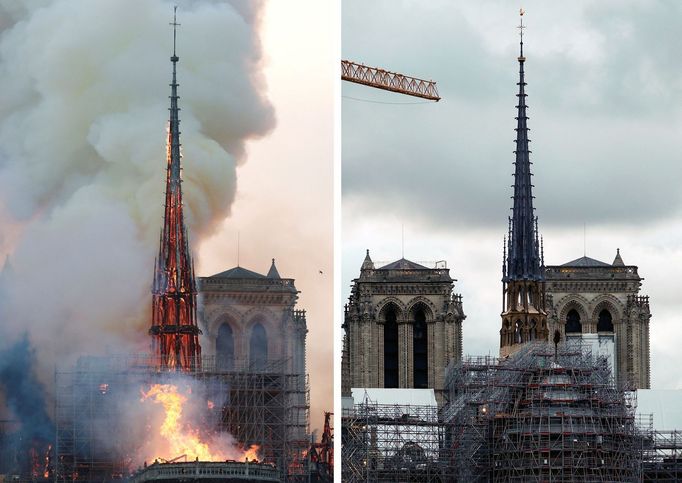 A combination picture shows smoke billowing as fire engulfs the spire of Notre Dame Cathedral in Paris, France, April 15, 2019 (top) and a view of the new spire, surmount