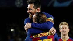 Antoine Griezmann a Lionel Messi slaví branku v Lize mistů