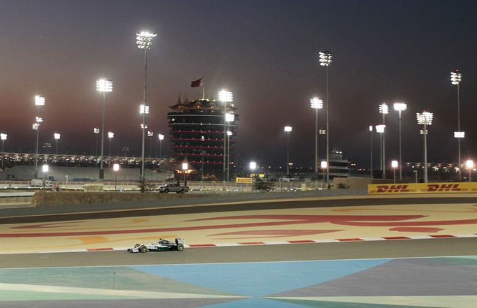 Mercedes Formula One driver Lewis Hamilton of Britain drives during the Bahrain F1 Grand Prix at the Bahrain International Circuit (BIC) in Sakhir, south of Manama April