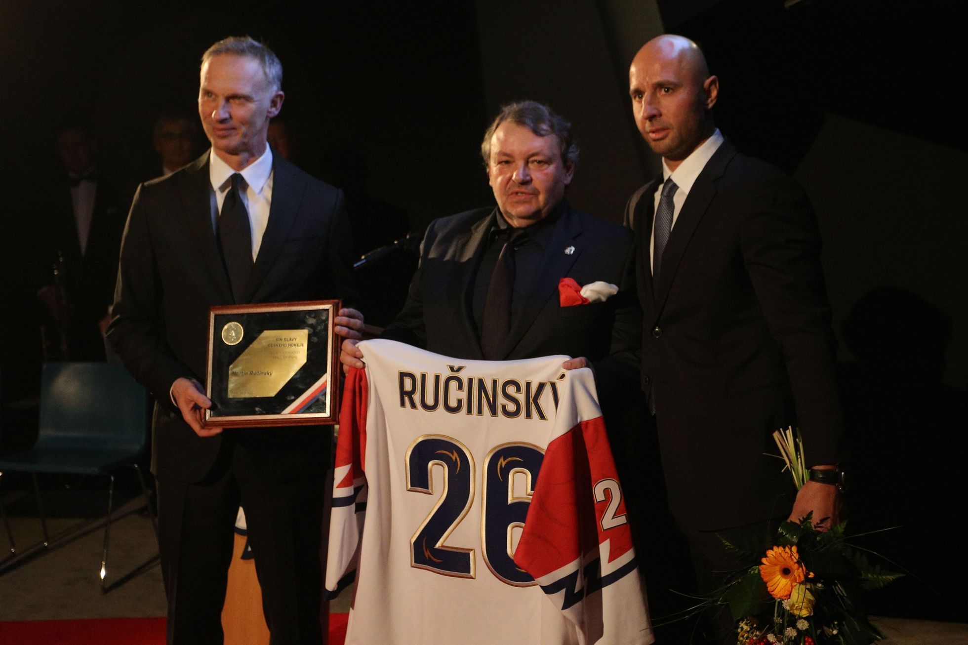 Noví členové Síně slávy českého hokeje (2019): Zleva Dominik Hašek, Tomáš Král a Martin Ručinský