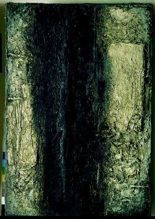 Zdeněk Beran: Zánik obrazu (Bez názvu II), 1960, asambláž, kombinovaná technika, plátno, 100 x 75 cm