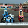 Spanish World Champions Honda MotoGP rider Marquez, Suter Moto2 rider Espargaro and KTM Moto3 rider Vinales pose at the end of the Valencia Motorcycle Grand Pri in Cheste