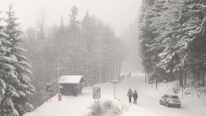 V Krkonoších hustě sněží. Záběry ze Špindlerova mlýna