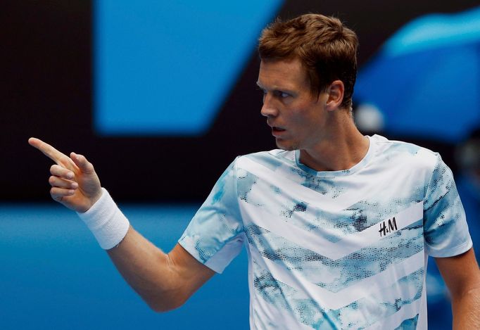 Tomáš Berdych při vítězném čtvrtfinále Australian Open s Rafaelem Nadalem.