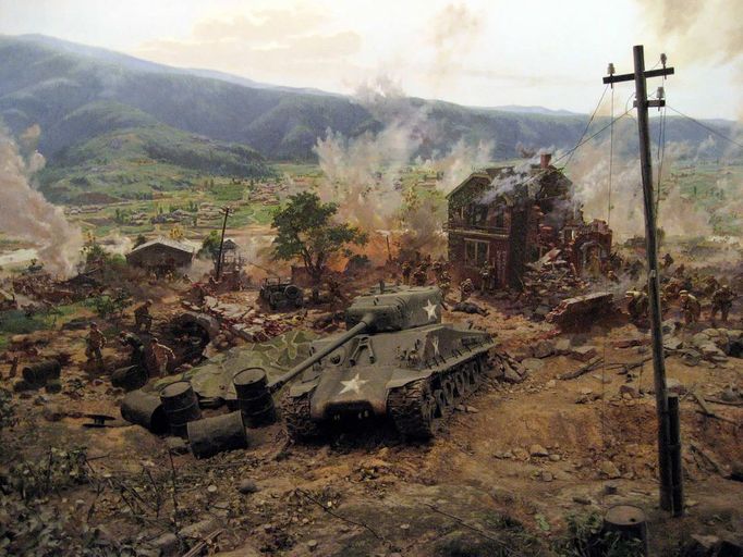 Diorama of a battle at the Victorious Fatherland Liberation War Museum, Pyongyang, Democratic People's Republic of Korea.