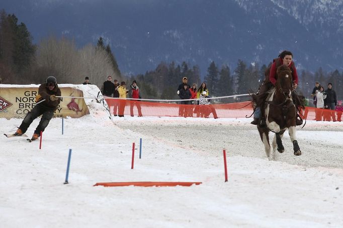 Kristen Houseová a její kůň Gypsy tahají lyžaře Connora Browna k cíli na MS v skijöringu, které se konalo v americké Montaně.