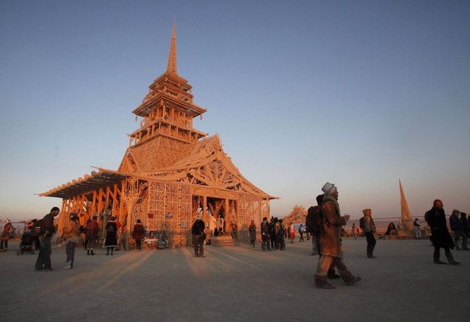 The Temple of Juno is seen at sunrise during the Burning Man 2012 "Fertility 2.0" arts and music festival in the Black Rock Desert of Nevada, August 29, 2012. More than 60,000 people from all over the world have gathered at the sold out festival, which is celebrating its 26th year, to spend a week in the remote desert cut off from much of the outside world to experience art, music and the unique community that develops.