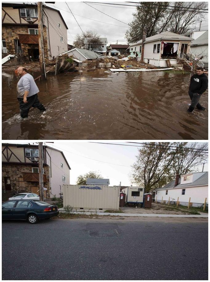 Staten Island 1. listopadu 2012 (nahoře) a 22. října 2013.