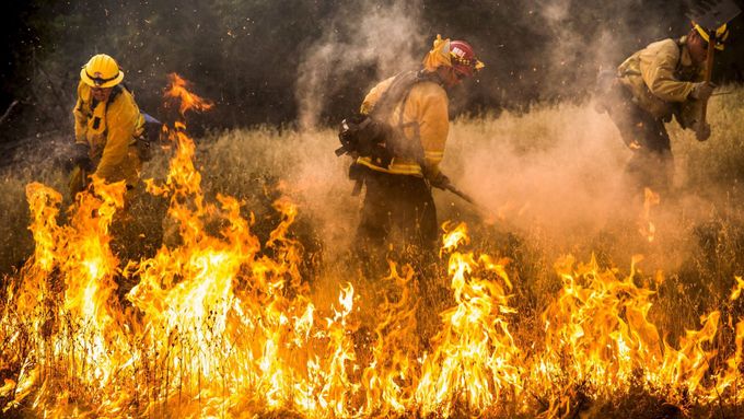 Kalifornští hasiči se snaží přehradit ohni cestu.