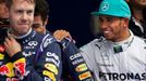 Mercedes Formula One driver Lewis Hamilton (R) of Britain celebrates with second-fastest Red Bull Formula One driver Daniel Ricciardo of Australia and Ricciardo's team-ma