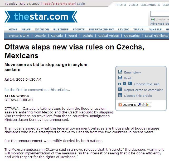 Kanada informuje, že zavedla víza pro Česko
