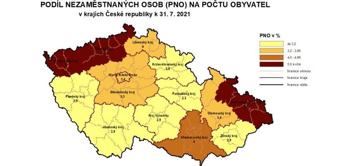 Podíl nezaměstnaných osob (PNO) na počtu obyvatel v krajích ČR k 31. červenci 2021