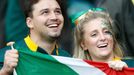 Supporters of South Africa smile before the Rugby World Cup Semi-Final match against New Zealand at Twickenham in London