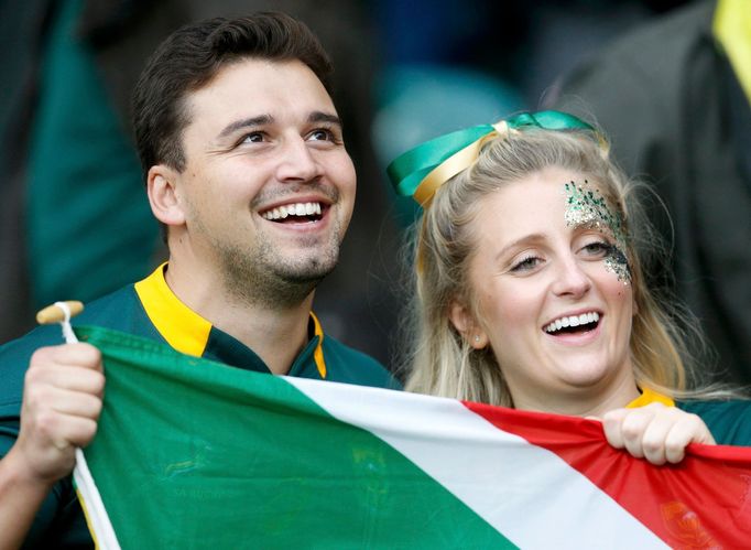 Supporters of South Africa smile before the Rugby World Cup Semi-Final match against New Zealand at Twickenham in London