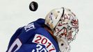 France's goalie Cristobal Huet saves during the third period of their men's ice hockey World Championship quarter-final game against Russia at Minsk Arena in Minsk May 22