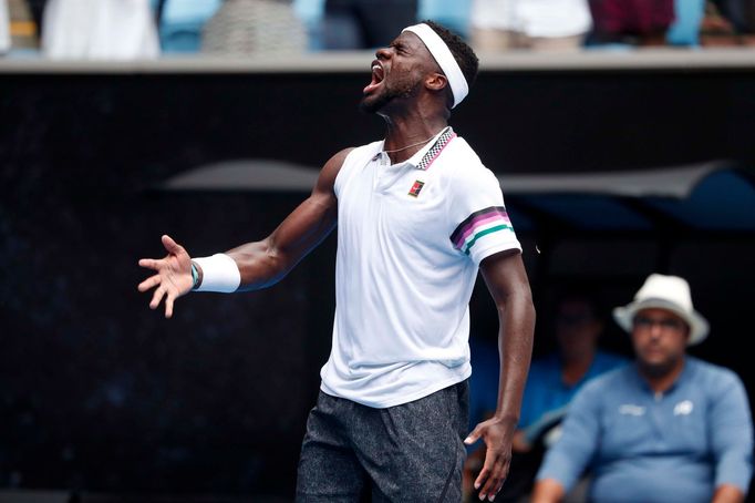 Tennis - Australian Open - Second Round - Melbourne Park, Melbourne, Australia, January 16, 2019. Frances Tiafoe of the U.S. reacts during the match against South Africa'