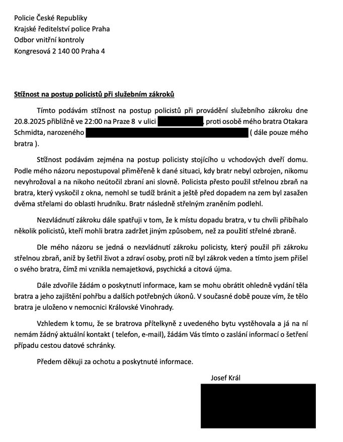 Stížnost Josefa Krále adresovaná Policii ČR, jejíž součástí je žádost o informace tykající se těla zastřeleného Otakara Schmidta.