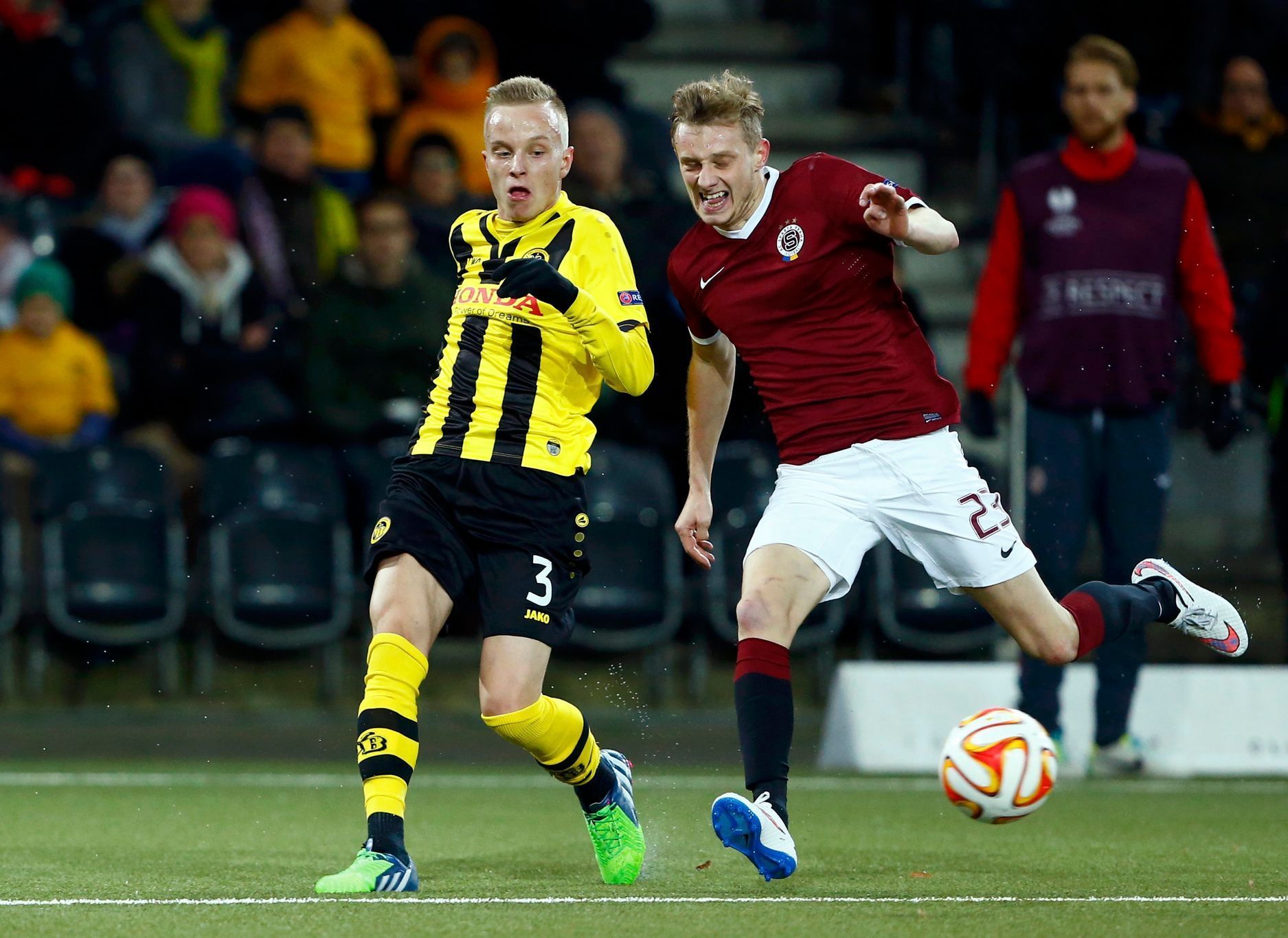 BSC Young Boys' Hadergjonaj challenges Sparta Prague's Krejci during Europa League match in Bern