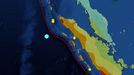 Mapa amerického geologického ústavu USGS ukazuje epicentrum zemětřesení u Indonésie a oblasti, které nejvíce ohrožuje nebezpečí tsunami.